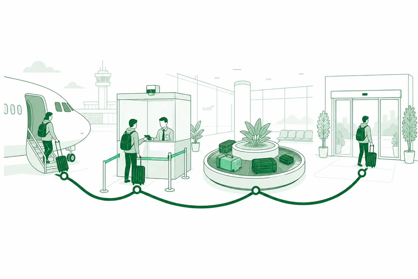 Illustration of a four-stage airport arrival drawn as connected scenes along one route line, from aircraft door to exit