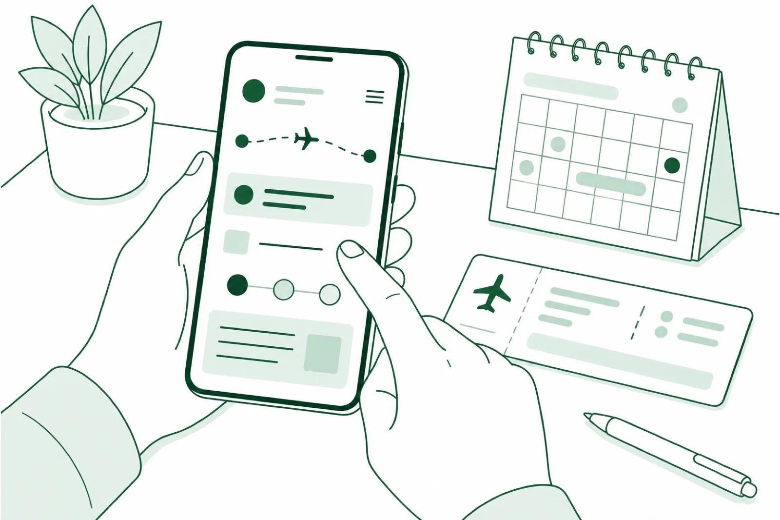 Illustration of hands holding a phone above a desk with a boarding-pass-shaped card and a calendar, flight-planning mood