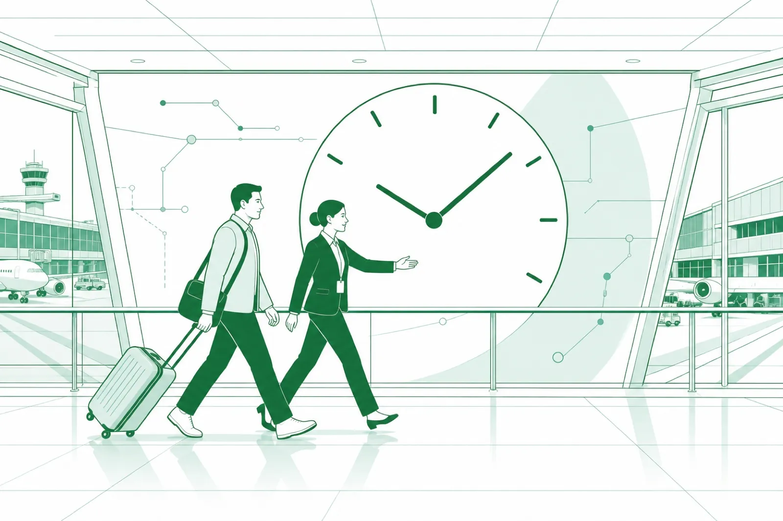 Illustration of a traveller and escort moving briskly through a connector corridor with a large abstract clock face in the background