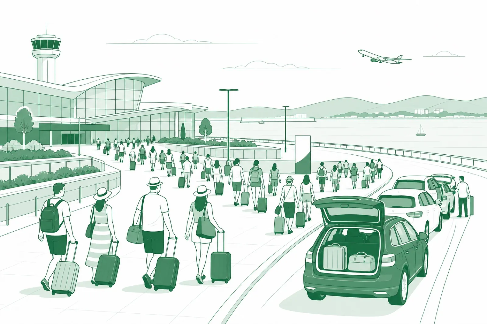 Illustration of a bayside airport terminal with a long access road and travellers flowing toward waiting cars