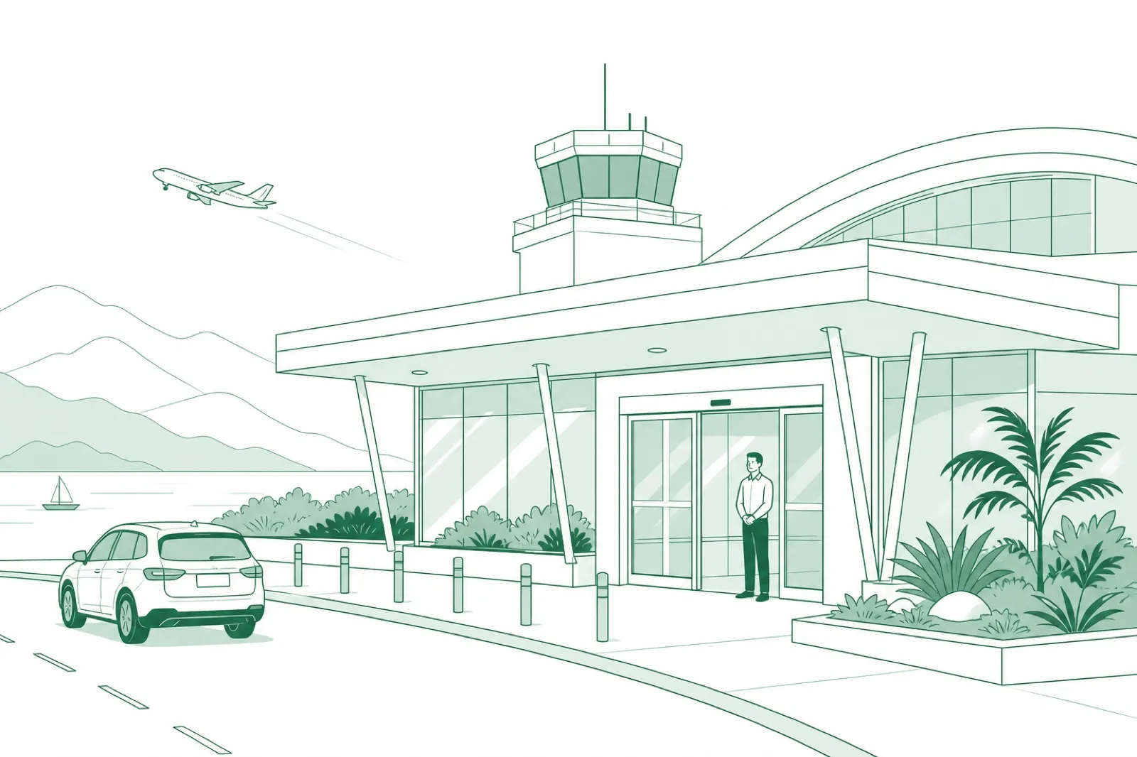 Illustration of a compact coastal-city airport terminal seen from the kerb with mountains and sea behind and a greeter waiting at the door