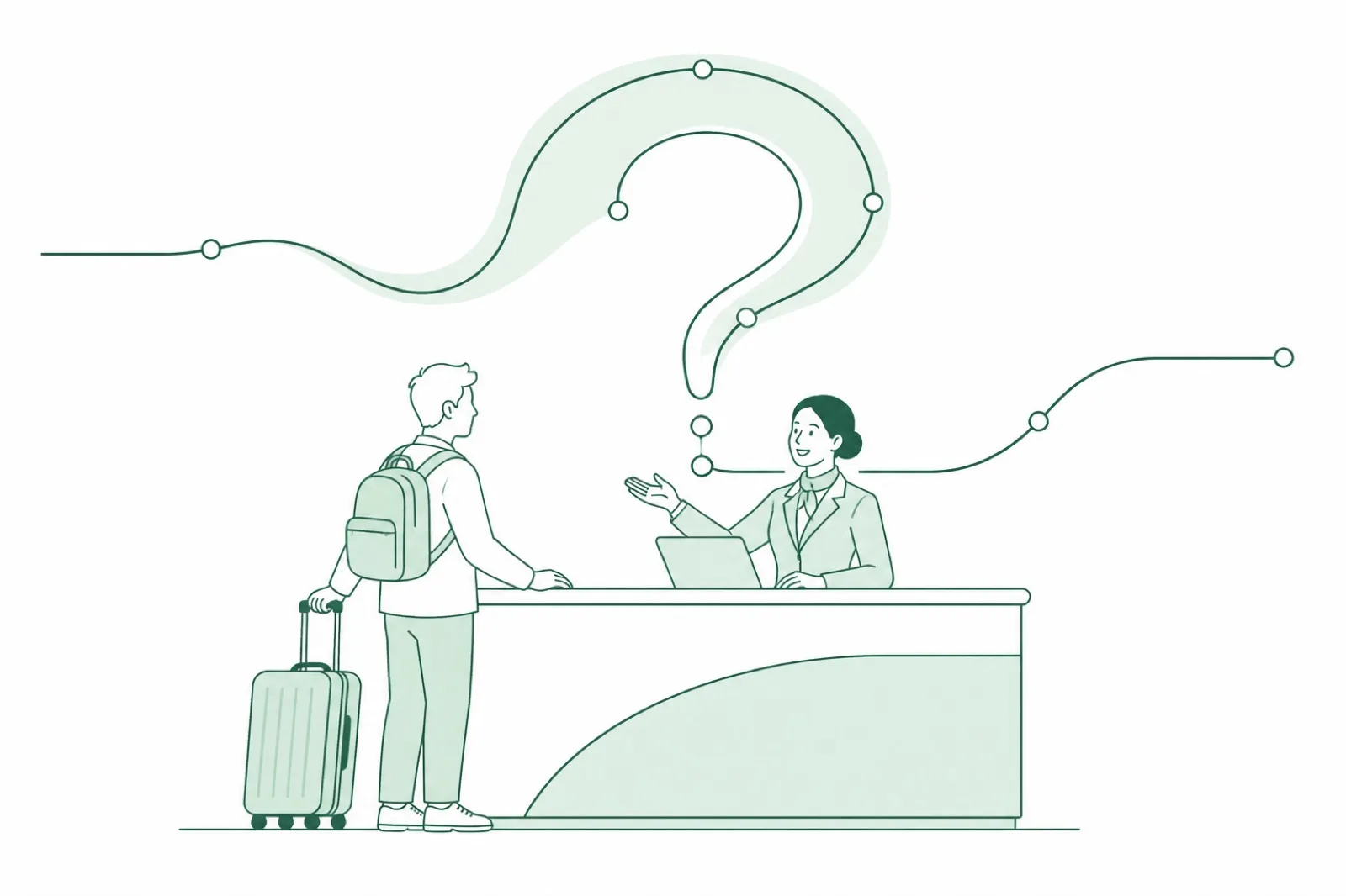 Illustration of an information counter attendant answering a traveller beneath a question-mark-shaped route line