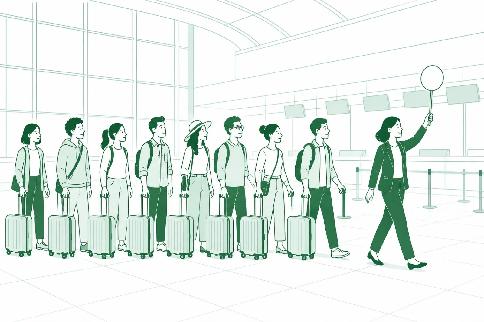 Illustration of a tour group with matched luggage following one guide holding a small paddle sign through a terminal hall
