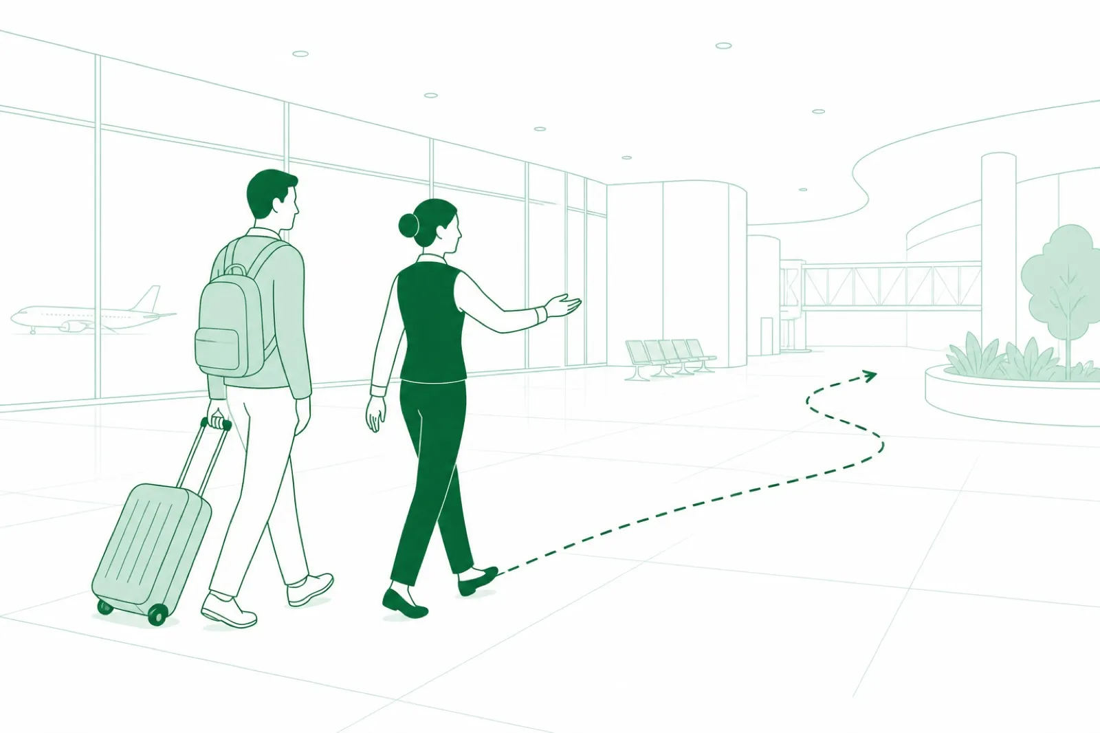 Illustration of an airport escort guiding a traveller with a rolling suitcase along a terminal concourse, a dashed route line traced ahead of them