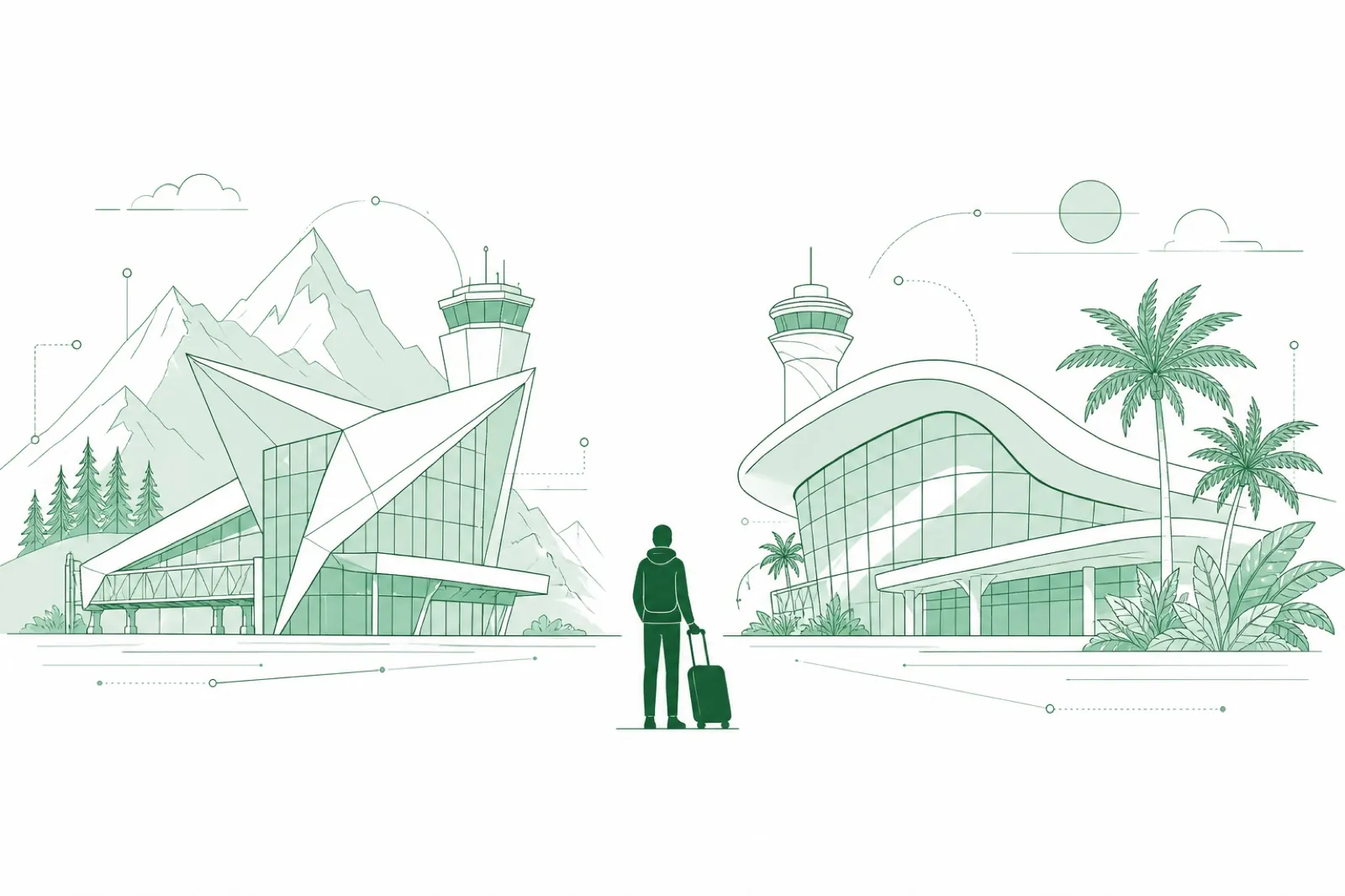Illustration of two different airport terminals facing each other with a single traveller silhouette between them