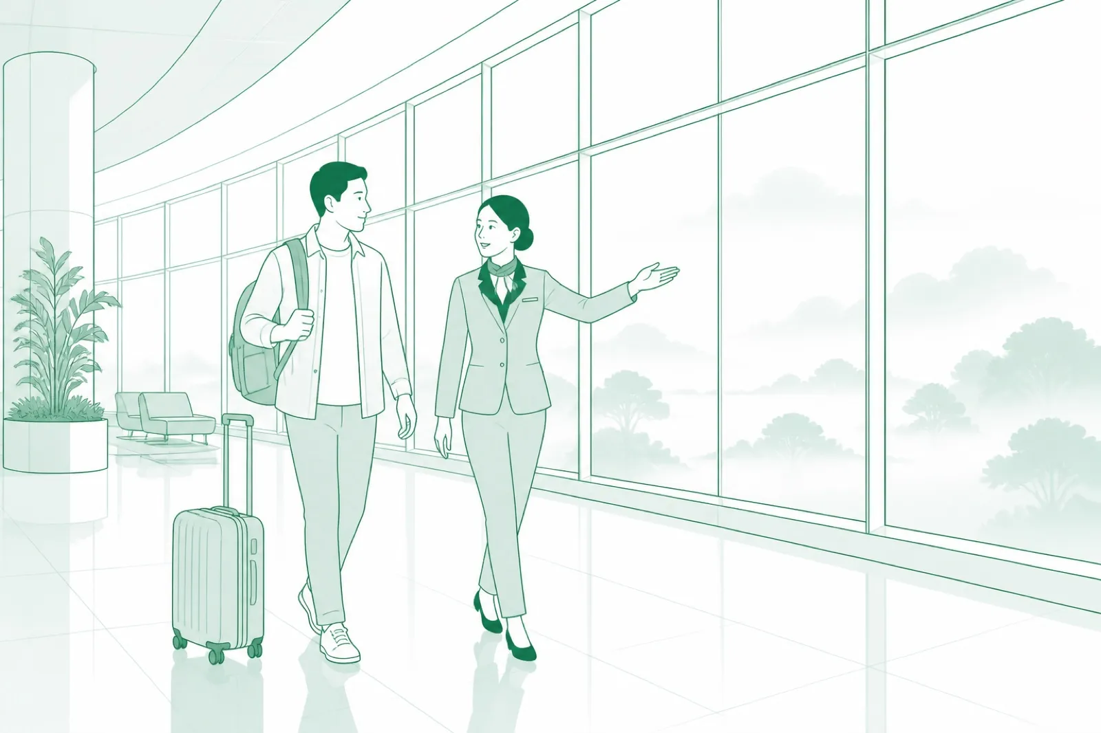 Illustration of a traveller and escort walking through a bright airport terminal with tall windows and a misty morning outside