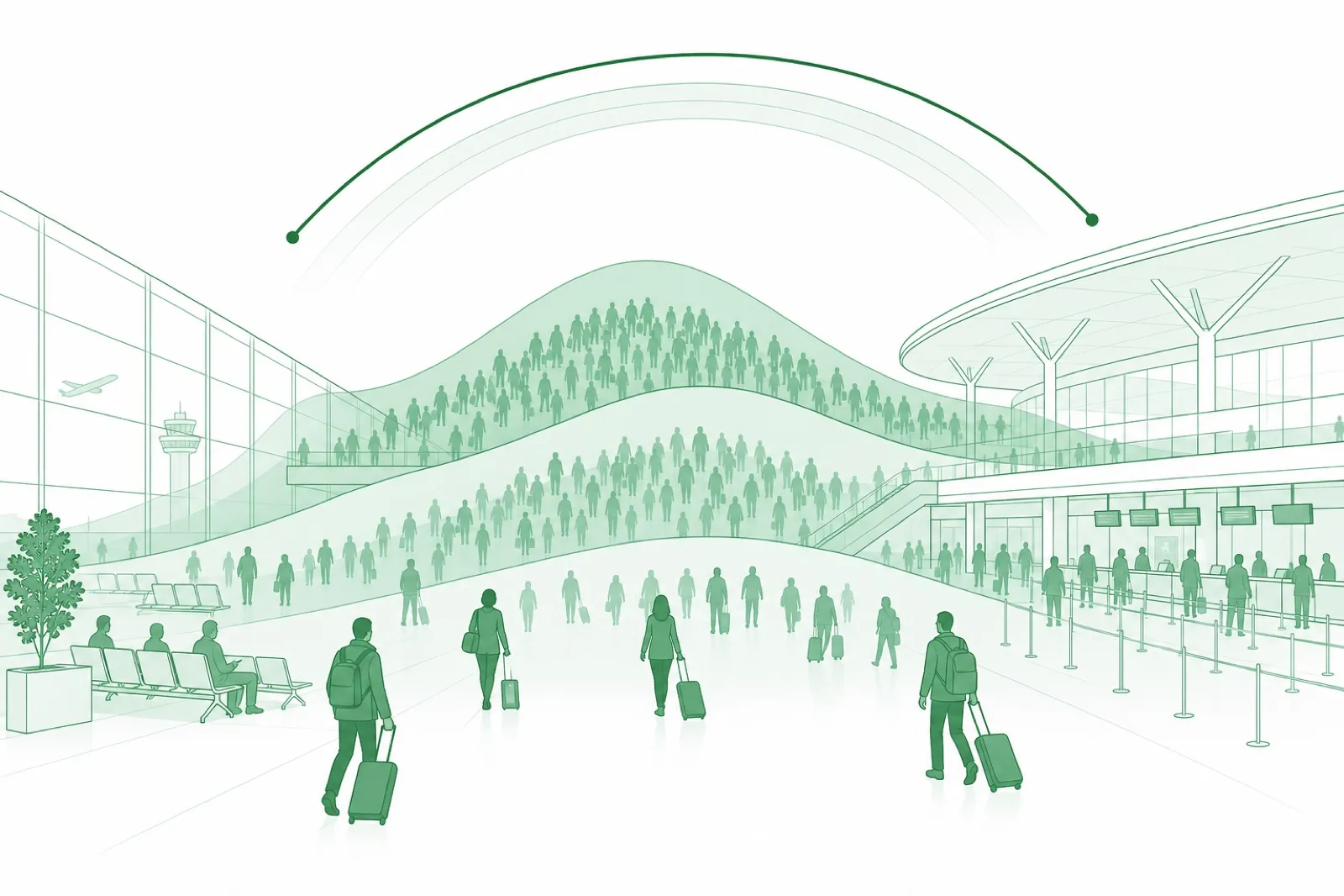 Illustration of an airport hall shown as gentle waves of crowd density beneath an abstract clock arc