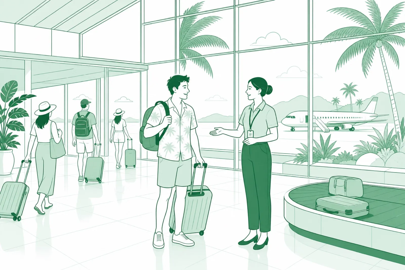 Illustration of a small tropical island airport with palm silhouettes outside the glass and an assistant meeting relaxed holiday travellers