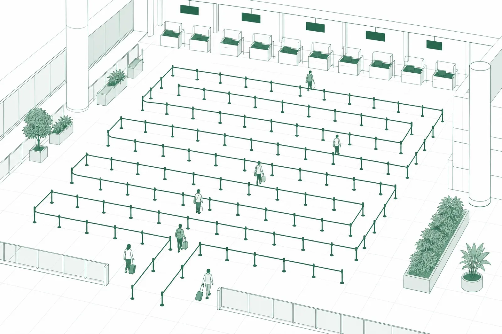Illustration of long switchback queue lanes in an immigration hall seen from above, the lane pattern reading like a diagram