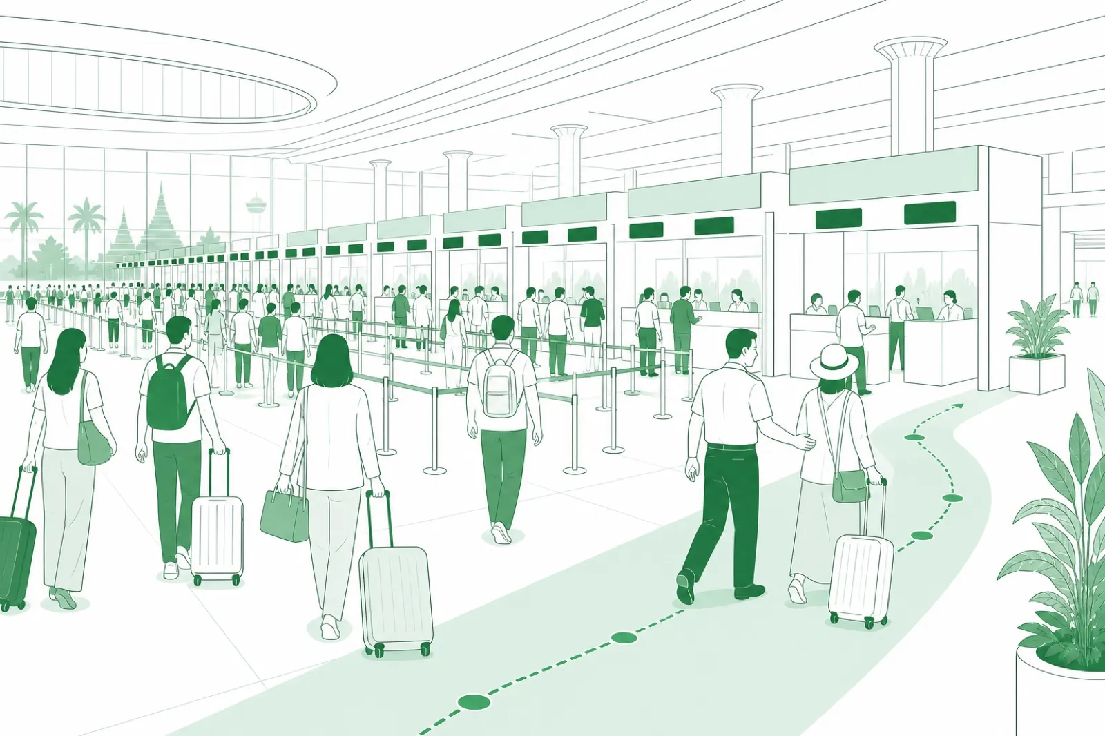 Illustration of a busy international arrivals hall with rows of immigration counters and one escorted traveller moving along a highlighted side path