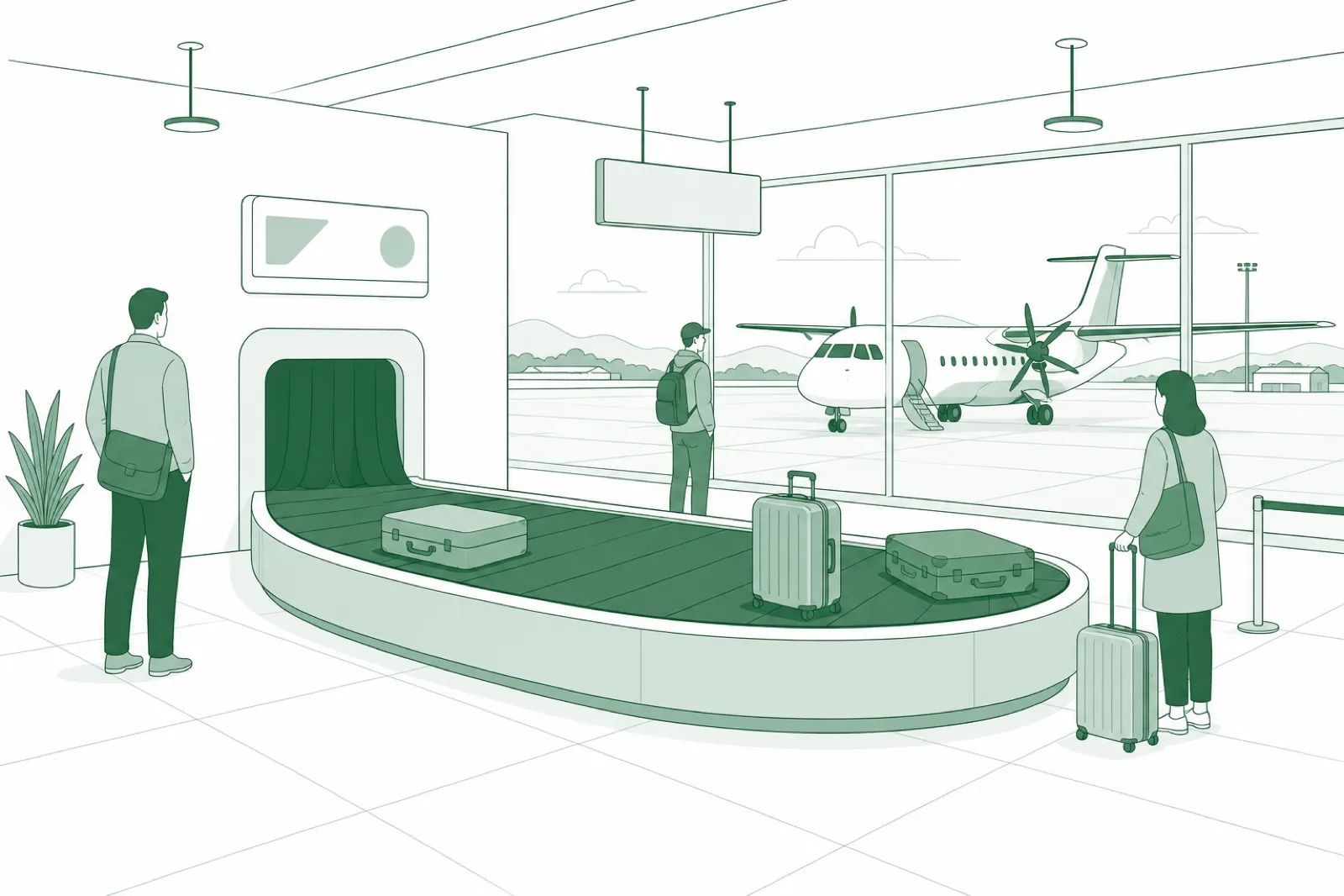 Illustration of a small regional airport terminal with a single baggage belt and an arriving propeller aircraft outside