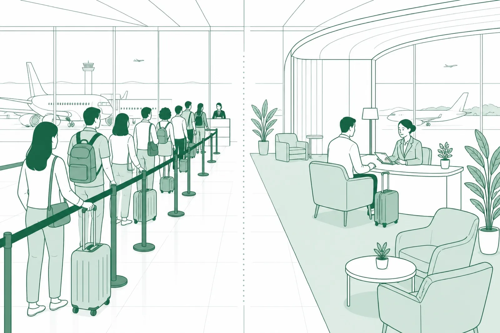 Illustration of two contrasting paths side by side in one terminal, an ordinary queue lane and a separate quiet attended channel