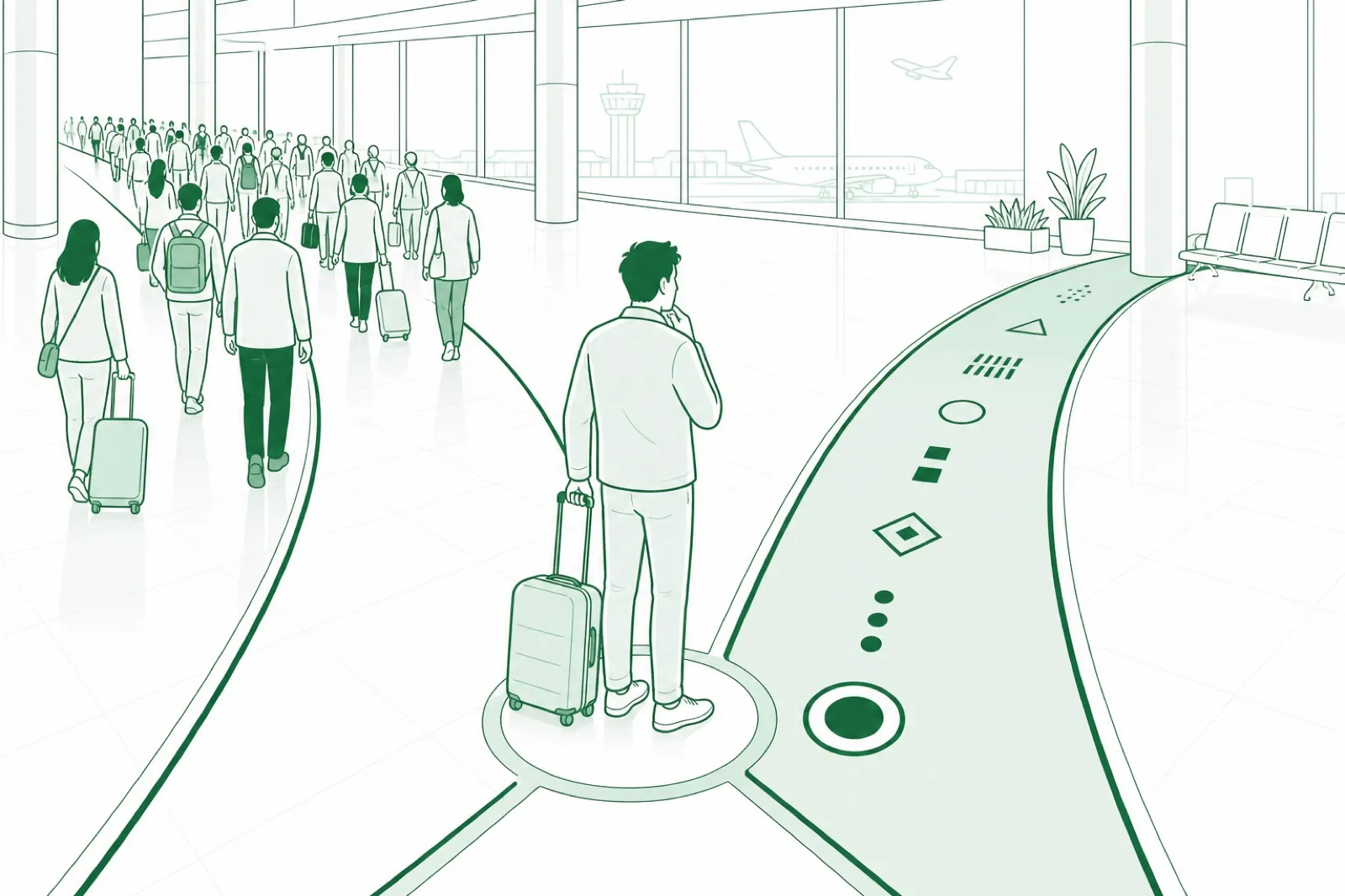 Illustration of a traveller pausing at a fork of two floor routes in a terminal, one crowded and one marked and clear
